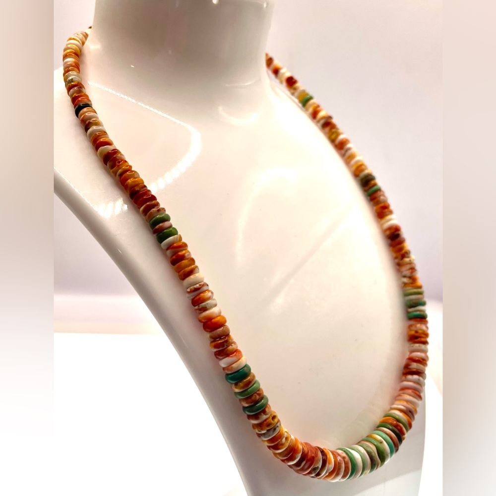 Vintage Spiny Oyster Shell Heishi Necklace Turquoise Beads Southwestern Boho - Picture 4 of 8